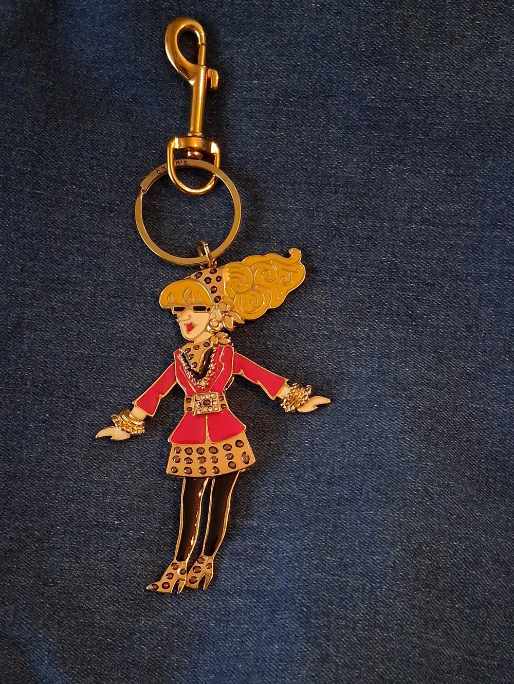 Gold-Tone Doll Keychain with Red Enamel Outfit.  Bag Charm.